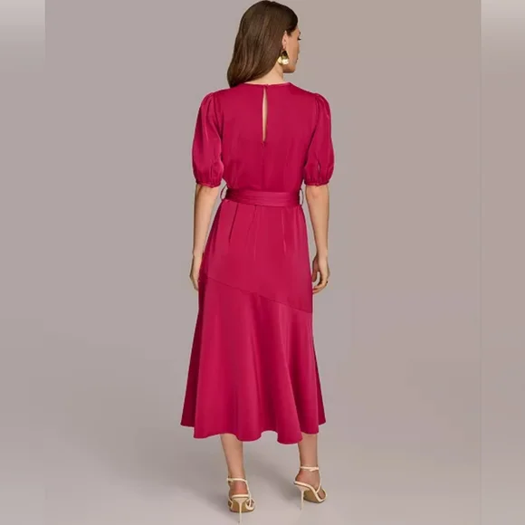 Donna Karan Fuchsia Midi Dress with Puff Sleeves - Picture 2 of 9